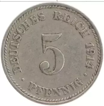 Монета 5 пфеннигов Германии 1914 года Медно-никель D
