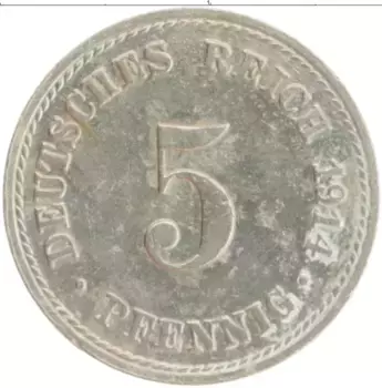 Монета 5 пфеннигов Германии 1914 года Медно-никель A