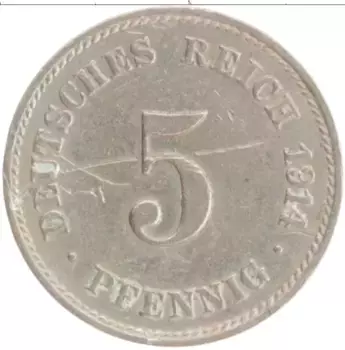Монета 5 пфеннигов Германии 1914 года Медно-никель J