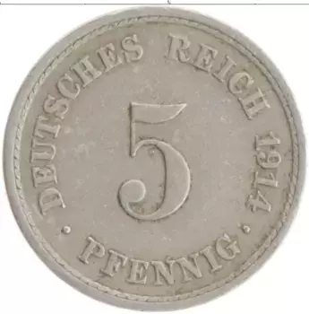 Монета 5 пфеннигов Германии 1914 года Медно-никель A