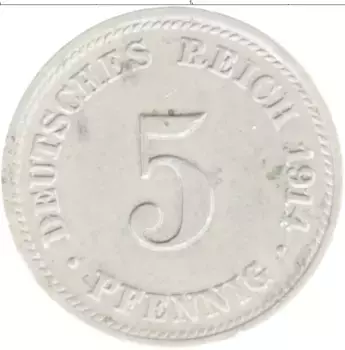 Монета 5 пфеннигов Германии 1914 года Медно-никель D