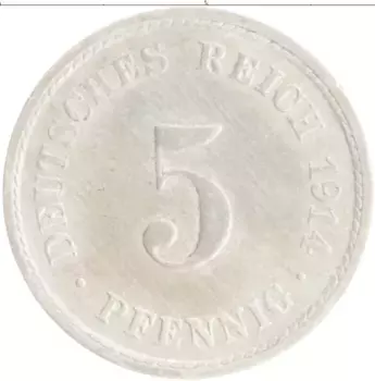 Монета 5 пфеннигов Германии 1914 года Медно-никель A