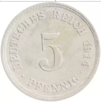 Монета 5 пфеннигов Германии 1914 года Медно-никель А