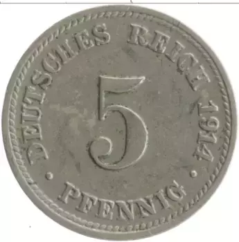 Монета 5 пфеннигов Германии 1914 года Медно-никель D