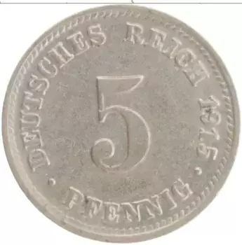 Монета 5 пфеннигов Германии 1915 года Медно-никель D