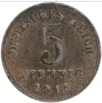 Монета 5 пфеннигов Германии 1915 года Железо