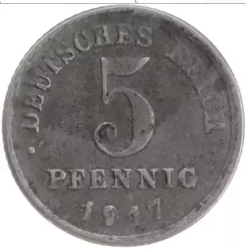Монета 5 пфеннигов Германии 1917 года Железо Е
