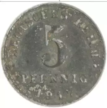 Монета 5 пфеннигов Германии 1917 года Железо
