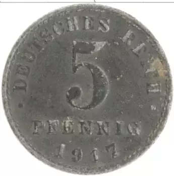 Монета 5 пфеннигов Германии 1917 года Железо А