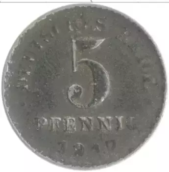 Монета 5 пфеннигов Германии 1917 года Железо А