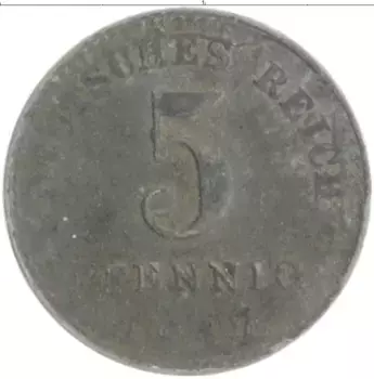 Монета 5 пфеннигов Германии 1917 года Железо А