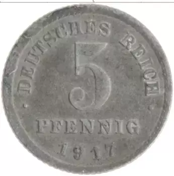 Монета 5 пфеннигов Германии 1917 года Железо J