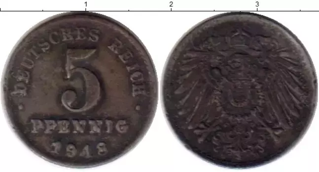 Монета 5 пфеннигов Германии 1918 года Железо А