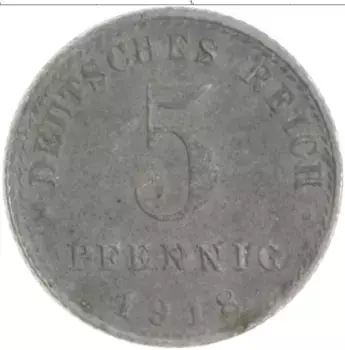 Монета 5 пфеннигов Германии 1918 года Железо A