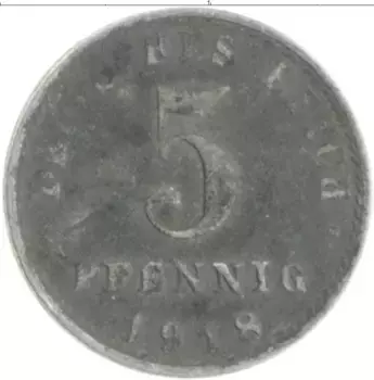 Монета 5 пфеннигов Германии 1918 года Железо A