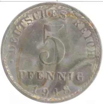 Монета 5 пфеннигов Германии 1918 года Железо A