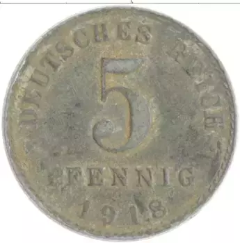 Монета 5 пфеннигов Германии 1918 года Железо A