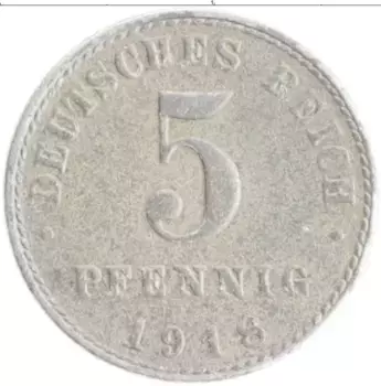 Монета 5 пфеннигов Германии 1918 года Железо A
