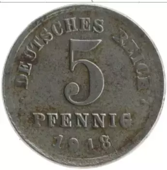 Монета 5 пфеннигов Германии 1918 года Железо J