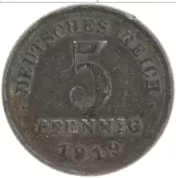 Монета 5 пфеннигов Германии 1919 года Железо Е