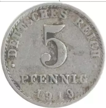 Монета 5 пфеннигов Германии 1919 года Железо A