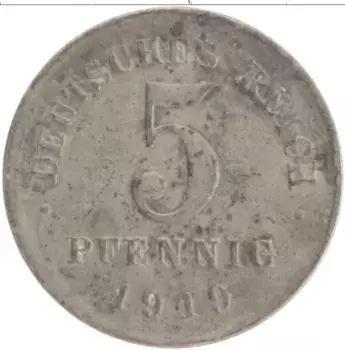 Монета 5 пфеннигов Германии 1919 года Железо A