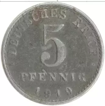 Монета 5 пфеннигов Германии 1919 года Железо A