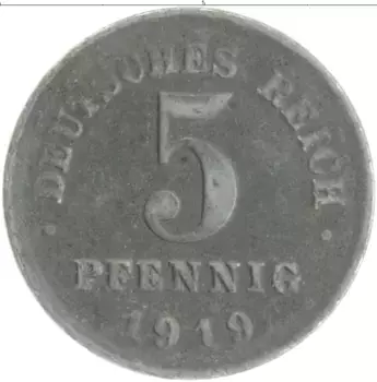 Монета 5 пфеннигов Германии 1919 года Железо