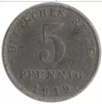 Монета 5 пфеннигов Германии 1919 года Железо A