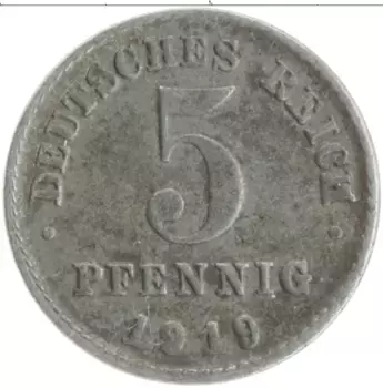 Монета 5 пфеннигов Германии 1919 года Железо F
