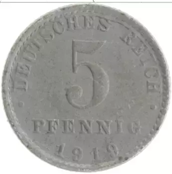 Монета 5 пфеннигов Германии 1919 года Железо A