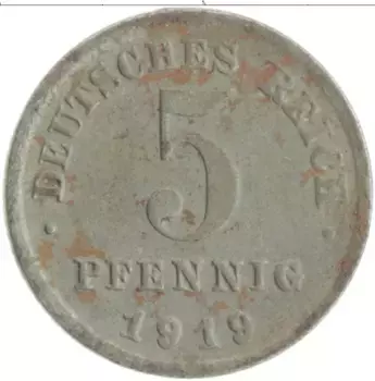 Монета 5 пфеннигов Германии 1919 года Железо F