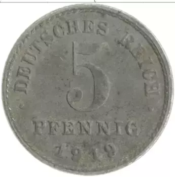 Монета 5 пфеннигов Германии 1919 года Железо J