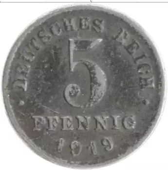 Монета 5 пфеннигов Германии 1919 года Железо G