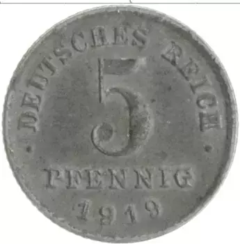 Монета 5 пфеннигов Германии 1919 года Железо