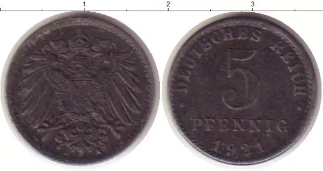 Монета 5 пфеннигов Германии 1921 года Железо А