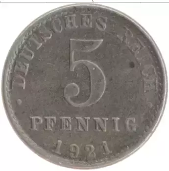 Монета 5 пфеннигов Германии 1921 года Железо A