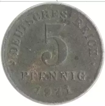 Монета 5 пфеннигов Германии 1921 года Железо F