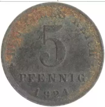 Монета 5 пфеннигов Германии 1921 года Железо A