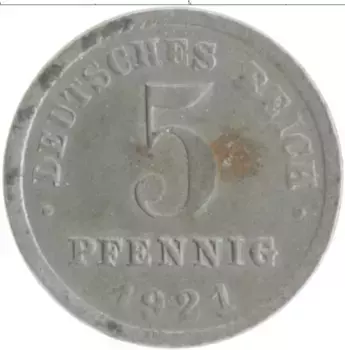Монета 5 пфеннигов Германии 1921 года Железо
