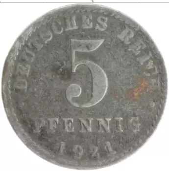 Монета 5 пфеннигов Германии 1921 года Железо А