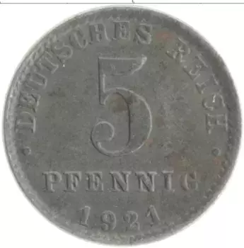 Монета 5 пфеннигов Германии 1921 года Железо A
