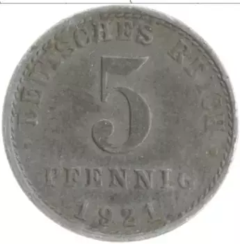Монета 5 пфеннигов Германии 1921 года Железо A