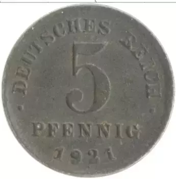 Монета 5 пфеннигов Германии 1921 года Железо D