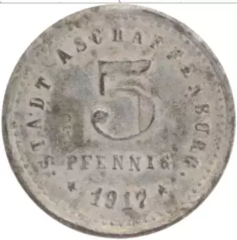 Монета 5 пфеннигов Германия : Нотгельды 1917 года Цинк Ашаффенбург