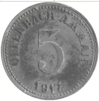 Монета 5 пфеннигов Германия : Нотгельды 1917 года Цинк Офенбах Аммайн