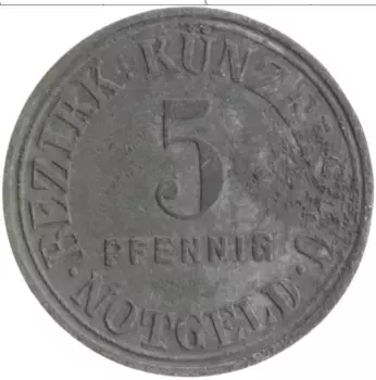 Монета 5 пфеннигов Германия : Нотгельды 1917 года Цинк Кюнцельзау