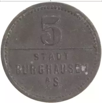 Монета 5 пфеннигов Германия : Нотгельды 1918 года Цинк Бургхаусен