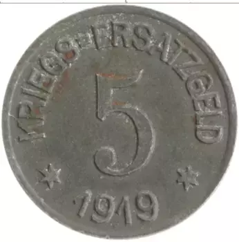 Монета 5 пфеннигов Германия : Нотгельды 1919 года Железо Крефельд