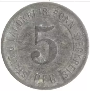 Монета 5 пфеннигов Германия : Нотгельды 1919 года Цинк Бонн
